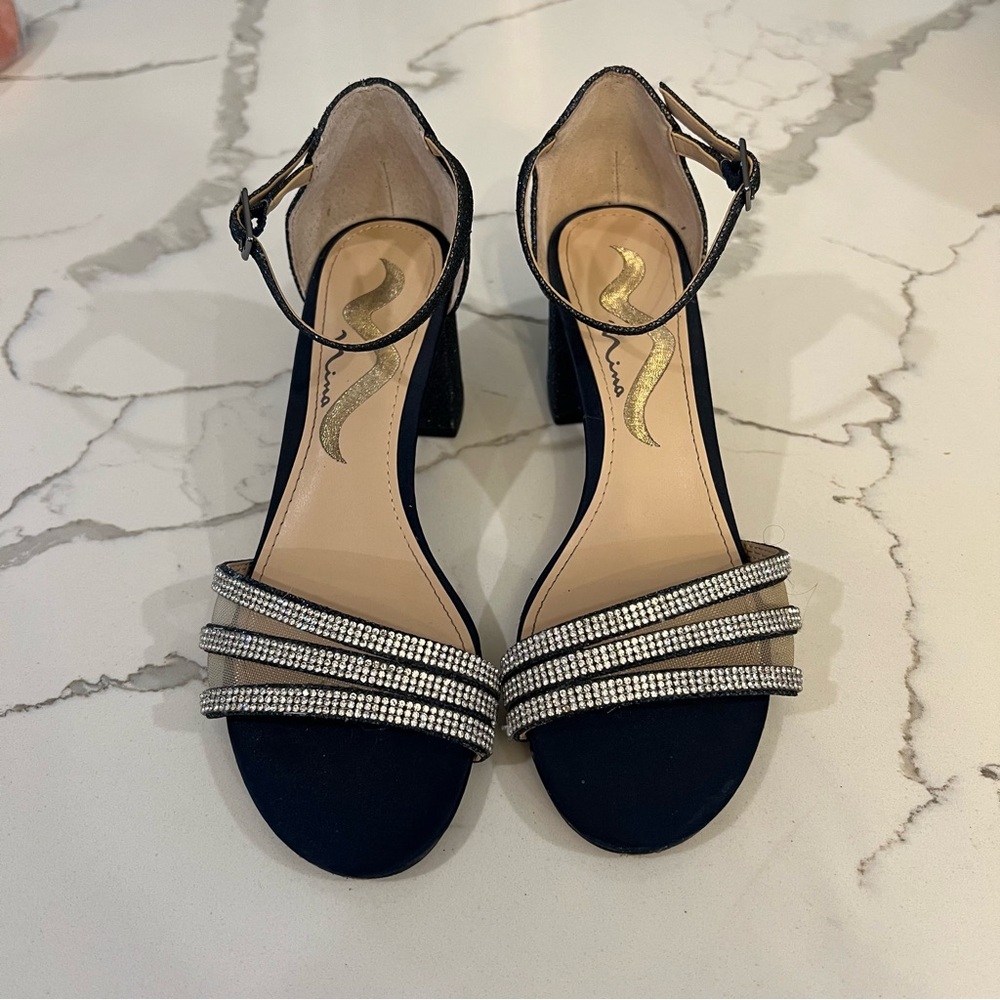 Nina dark navy sparkle ✨ cross strap dress heels with silver rhinestone accent